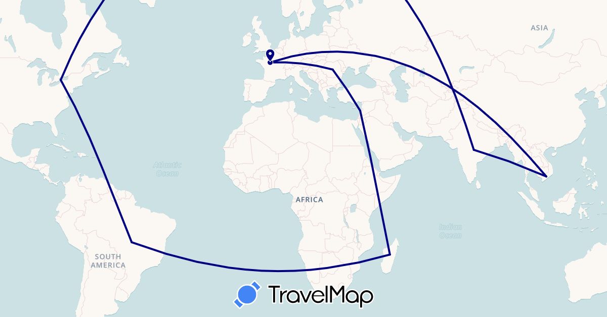 TravelMap itinerary: driving in Brazil, Canada, France, India, Lebanon, Madagascar, Romania, Vietnam (Africa, Asia, Europe, North America, South America)